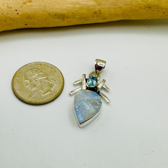 Sterling Silver Natural Rainbow Moonstone Rough & Blue Topaz Pendant - Picture 1 of 16